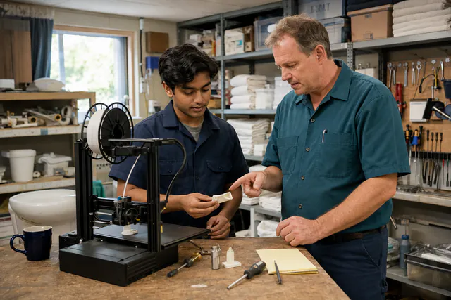 Two motel maintenance workers examining a 3D-printed replacement part