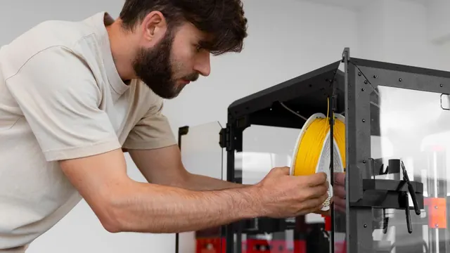 A person loading filament into a desktop 3D printer